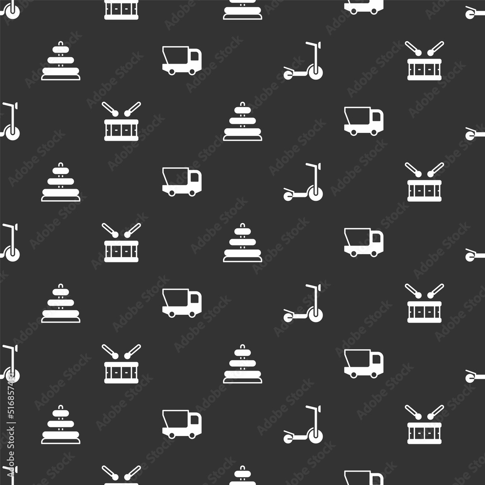 Set Roller scooter, Drum with drum sticks, Pyramid toy and Toy truck on seamless pattern. Vector