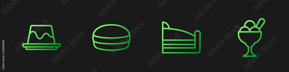 定线蛋糕、布丁奶油冻、马卡龙饼干和冰淇淋碗。渐变色图标。Ve