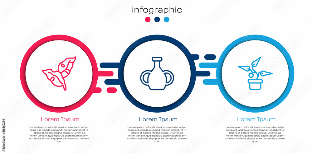 Set line Tropical leaves, Vase and Plant in pot. Business infographic template. Vector