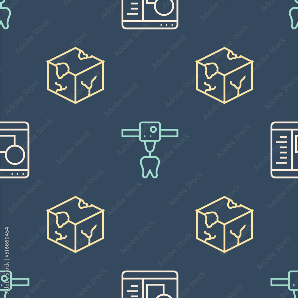 Set line 3D printer software, Isometric cube and tooth on seamless pattern. Vector