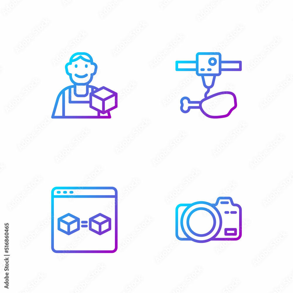 Set line Photo camera, 3D printer perfect copy, Graphic designer and chicken leg. Gradient color ico