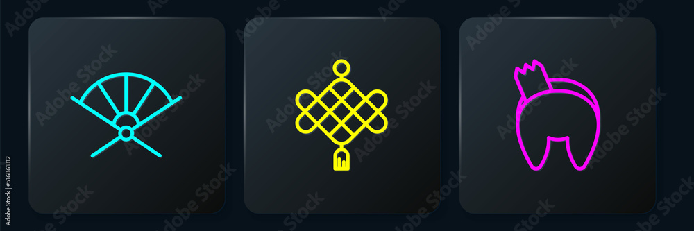 Set line Traditional paper fan, Chinese fortune cookie and lantern. Black square button. Vector