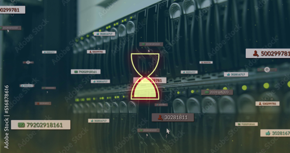 Image of egg timer over social icons and server room