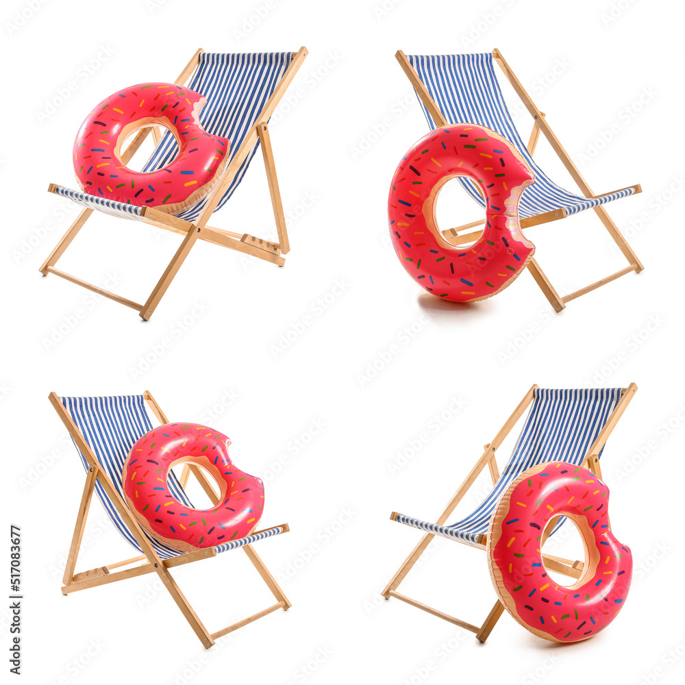 Set of deck chairs and inflatable rings isolated on white