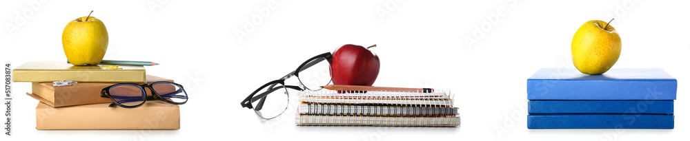 Set of school stationery with apples isolated on white