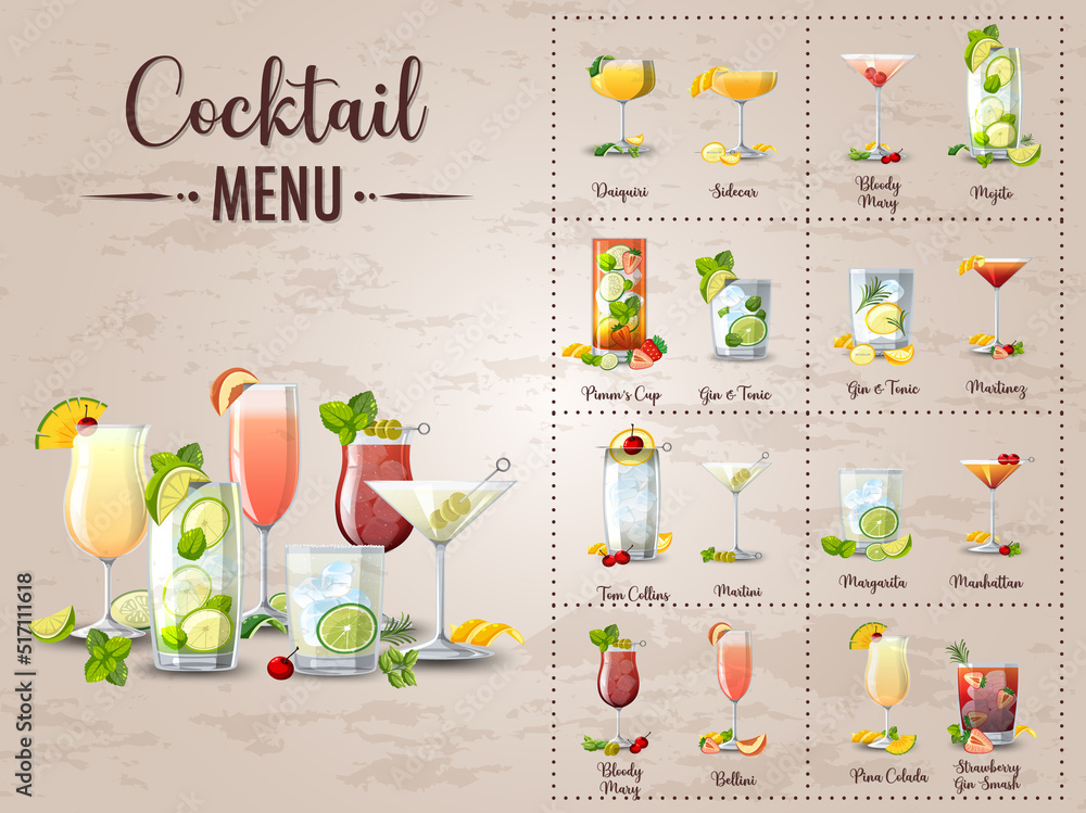 A printed menu of cocktails