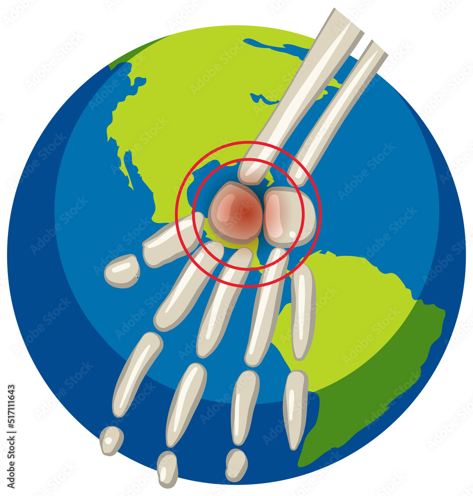 Hand bone joint on earth planet background