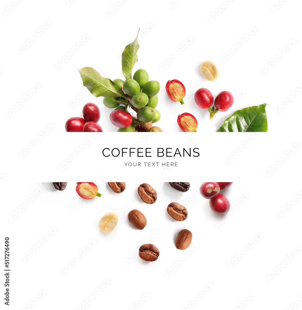 Creative layout made of red coffee beans on the white background. Flat lay. Food concept. Macro  con