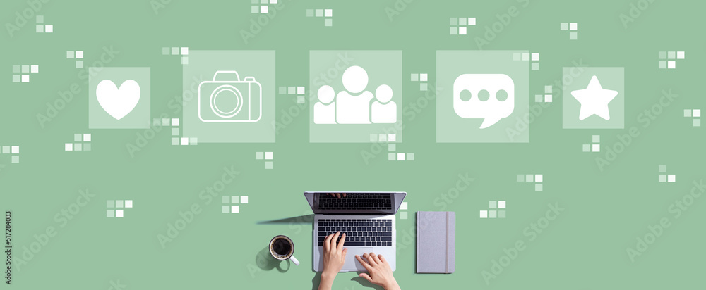 Social media theme with person working with laptop