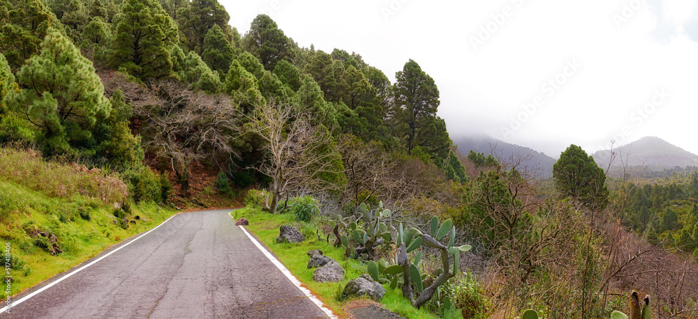 Copy space with a scenic mountain pass along a cliff in La Palma, Canary Islands, Spain on a cloudy 