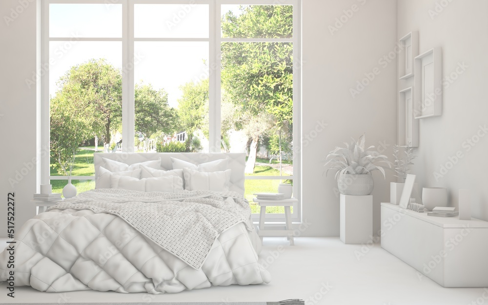 White bedroom interior. Scandinavian design. 3D illustration