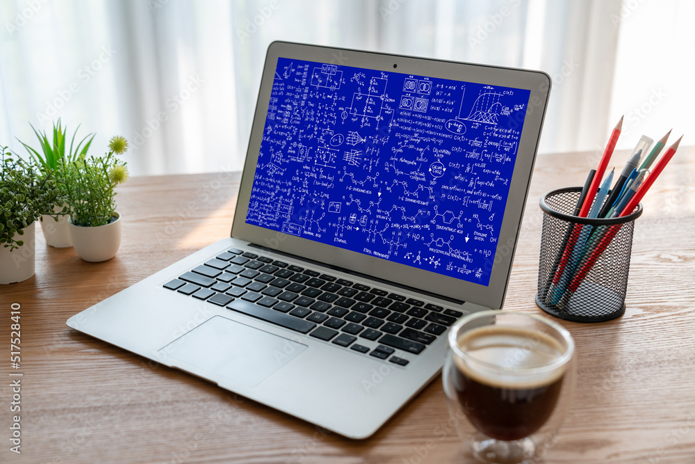 Mathematic equations and modish formula on computer screen showing concept of science and education