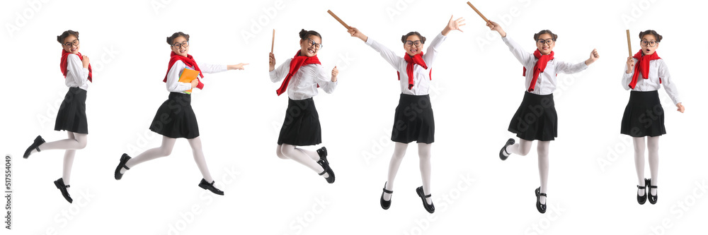 Set of jumping little schoolgirl on white background