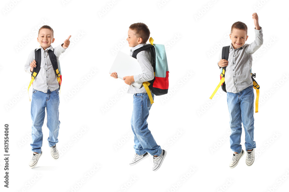 Set of funny little schoolboy on white background