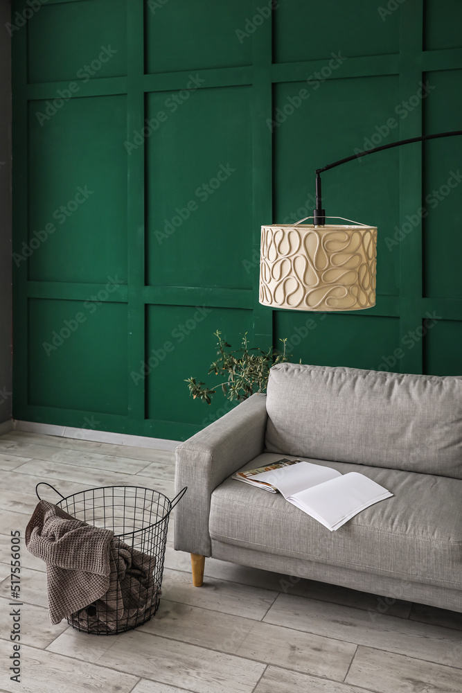 Grey sofa, basket with plaid, houseplant and standard lamp near green wall