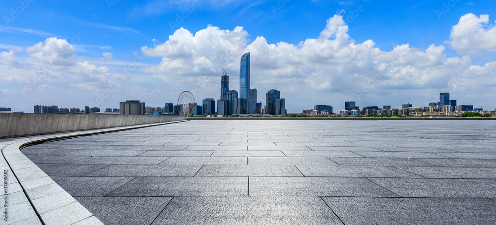 中国江苏省苏州市的城市景观。空旷的广场和城市天际线的景色。