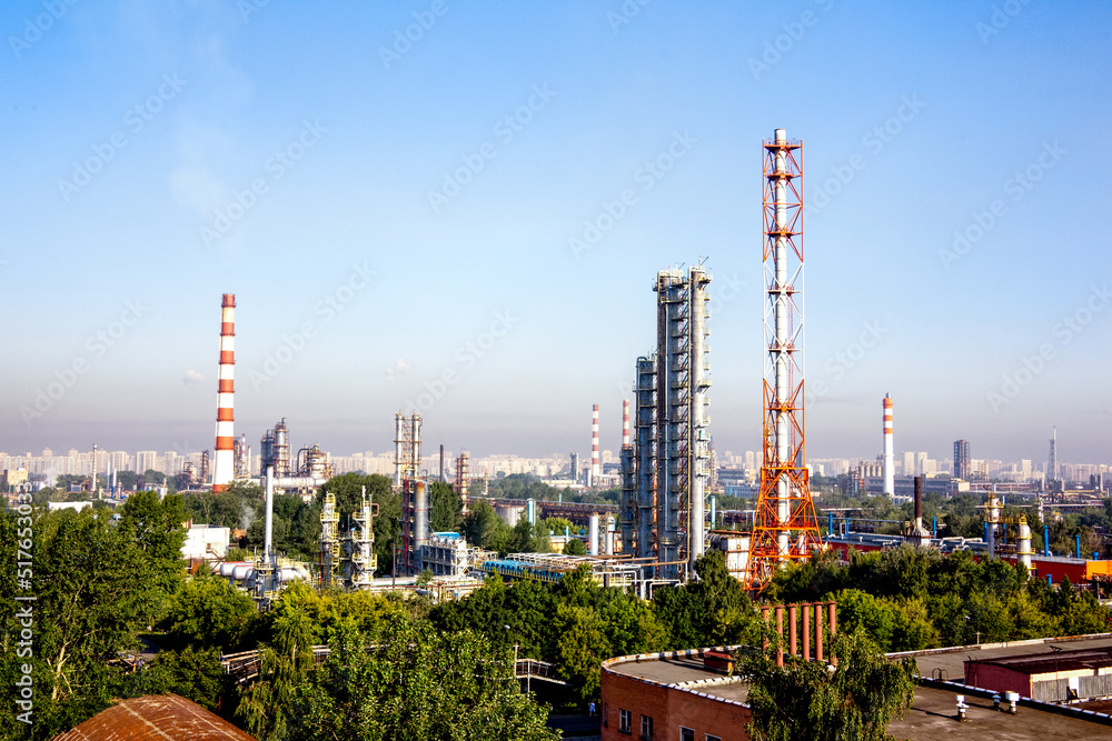 Refinery factory oil area with constructions. Petrochemical industrial background