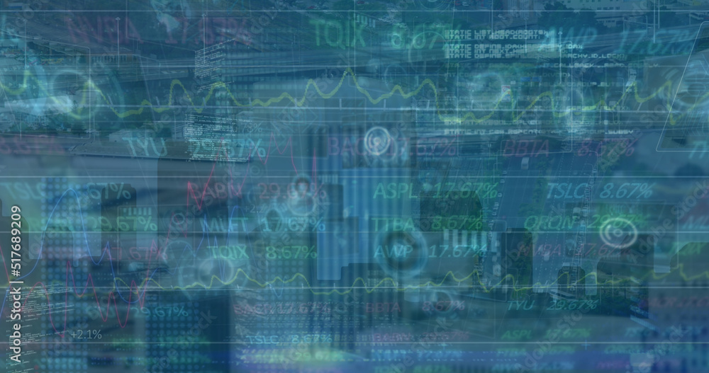 Image of stock market and data processing over cityscape