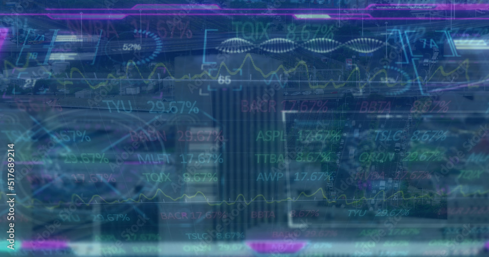 Image of stock market and scope scanning over cityscape