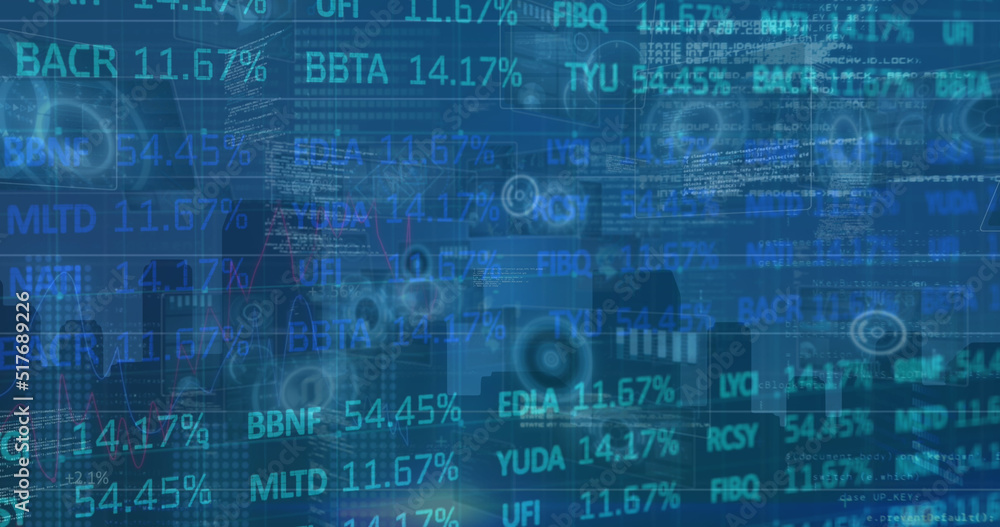 Image of stock market and data processing over cityscape