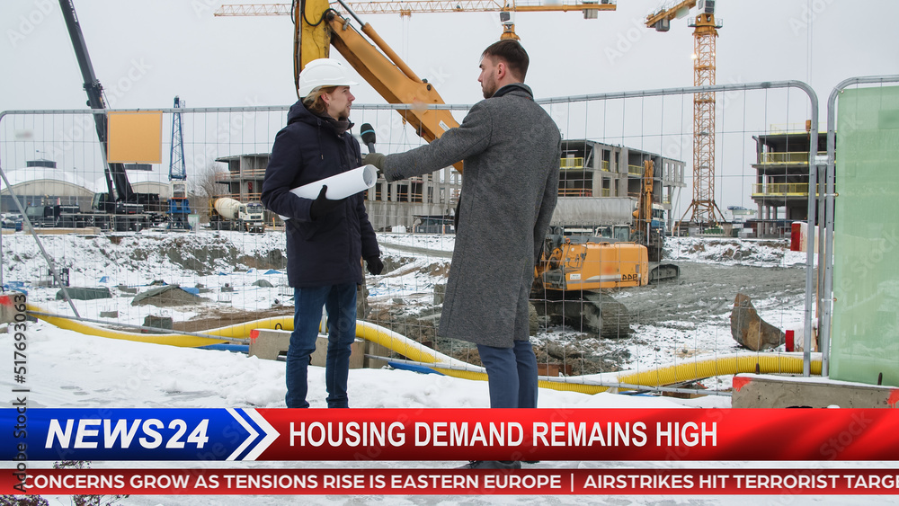 TV News Live Report Interview Edit. Real-Estate Buildings Development Segment: Reporter Talking with