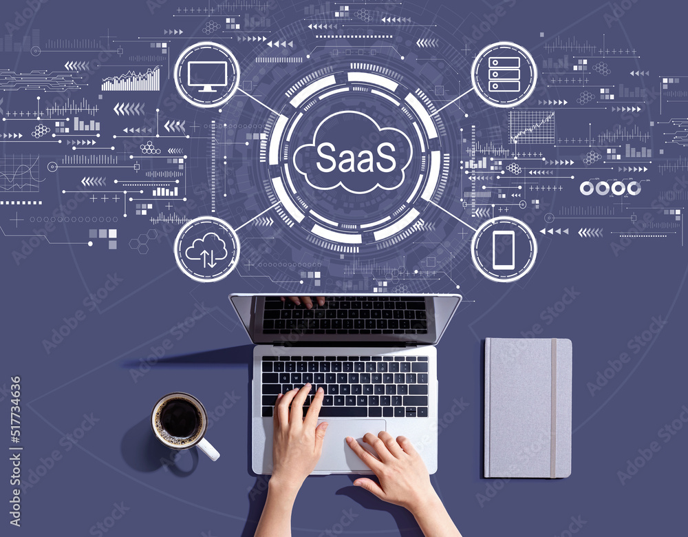 SaaS - software as a service concept with person using a laptop