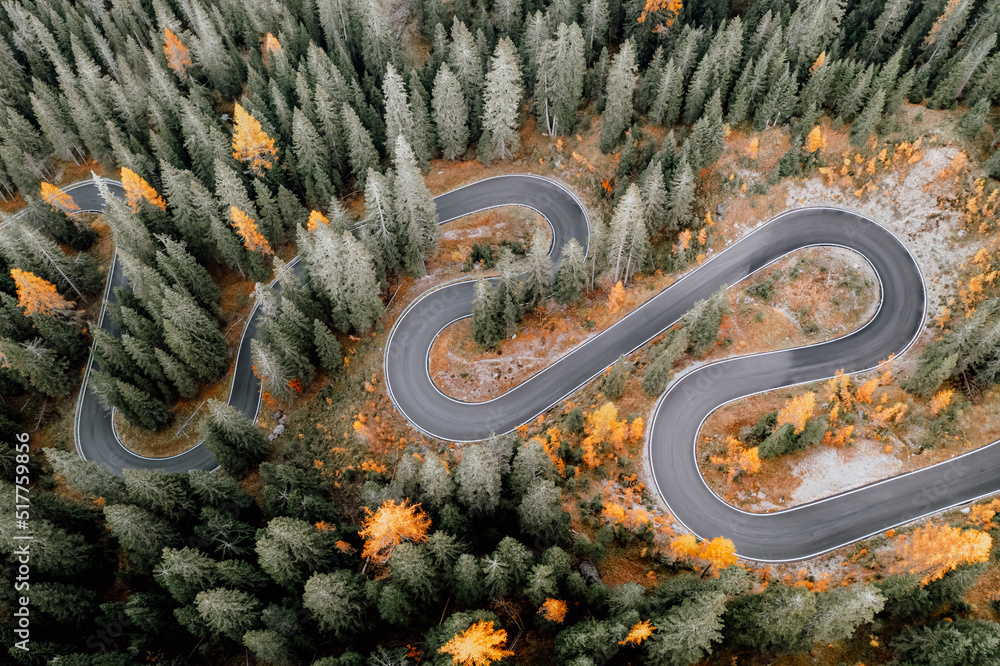 多洛米蒂阿尔卑斯山Passo Giau附近著名的Snake公路俯视图。罗斯蜿蜒的山路