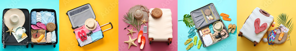 Set of travelers suitcases and accessories on colorful background, top view