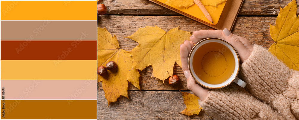 Female hands with cup of hot tea and maple leaves on wooden background. Different color patterns