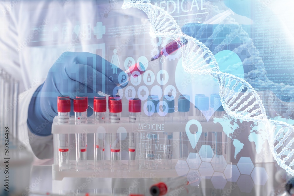 在基因工程实验室拥有数据科学虚拟屏幕的科学家生物医学工程师g