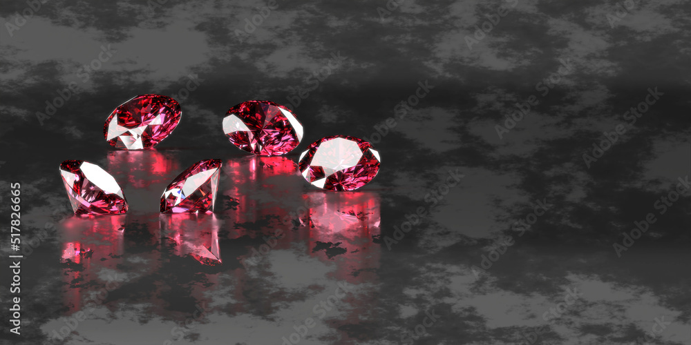 Ruby Gem Diamond组放置在光滑的背景上进行三维渲染