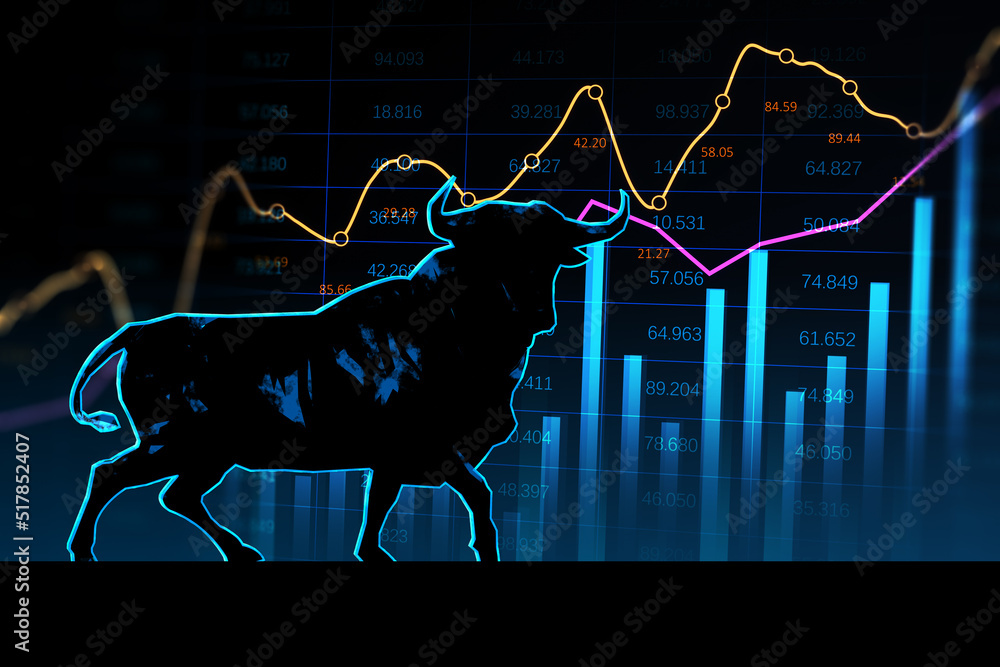 牛市的概念。在深色壁纸上的外汇图表上闪耀的牛市全息图。交易和投资