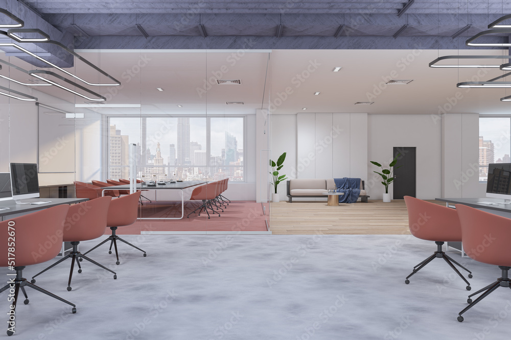 Luxury concrete, glass and wooden conference room interior with windows and city view. Law and legal