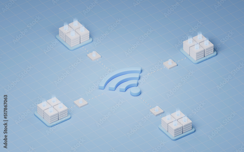 Wireless network technology with wifi sign, 3d rendering.