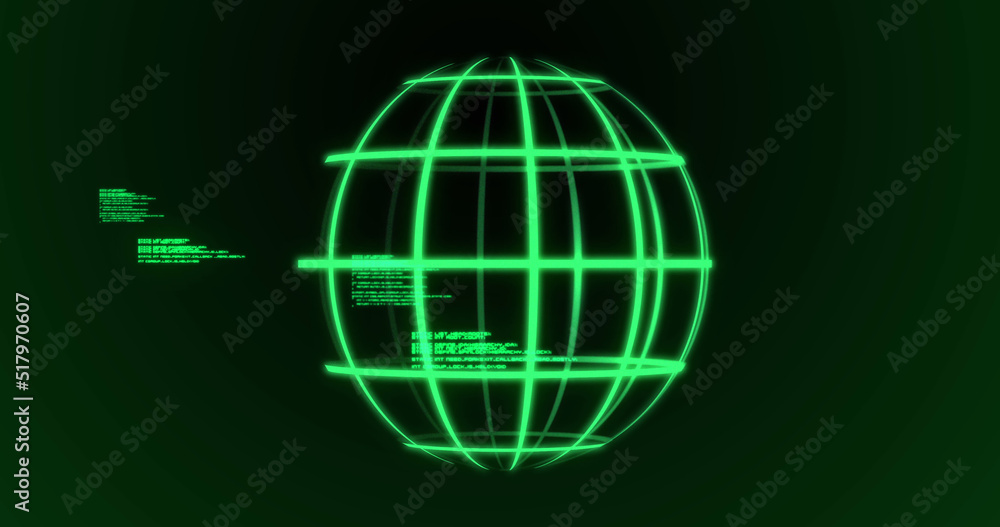 Image of globe and data processing on dark green background