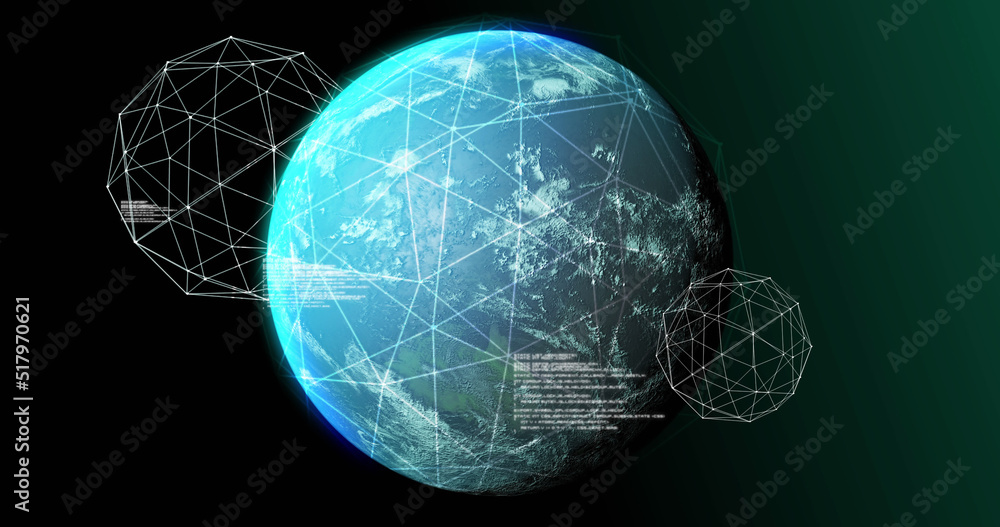 Image of globe, connections and data processing on black background