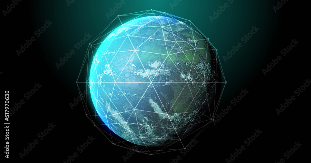 Image of globe, connections and data processing on black background