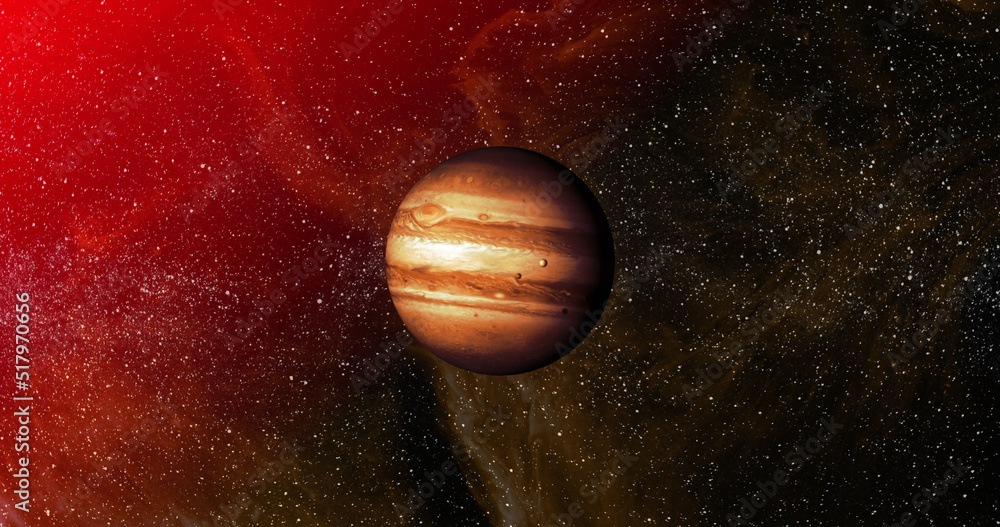 Image of orange planet in red galaxy