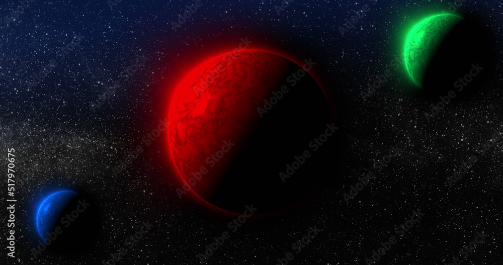 Image of red, green and blue planets in black space