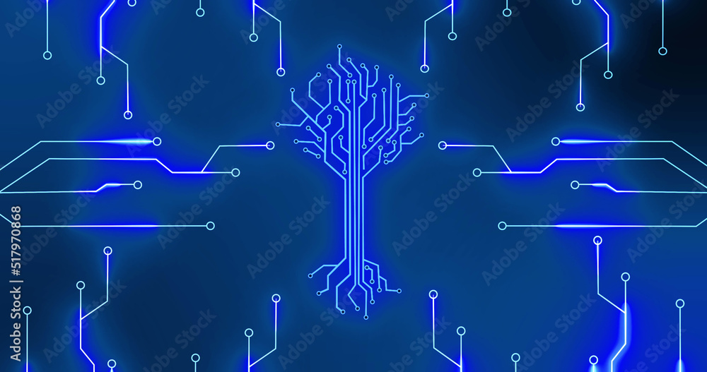 蓝色背景下集成电路和数字树的图像