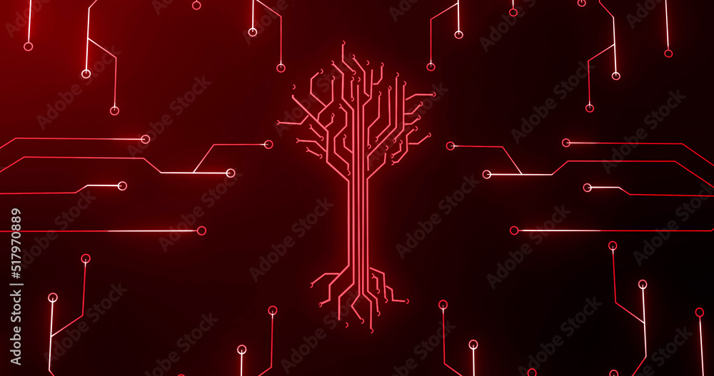 红底集成电路和数字树的图像