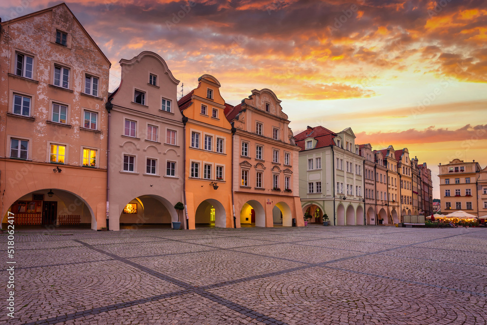 Beautiful architecture of the Town Hall Square in Jelenia Gora at sunset, Poland