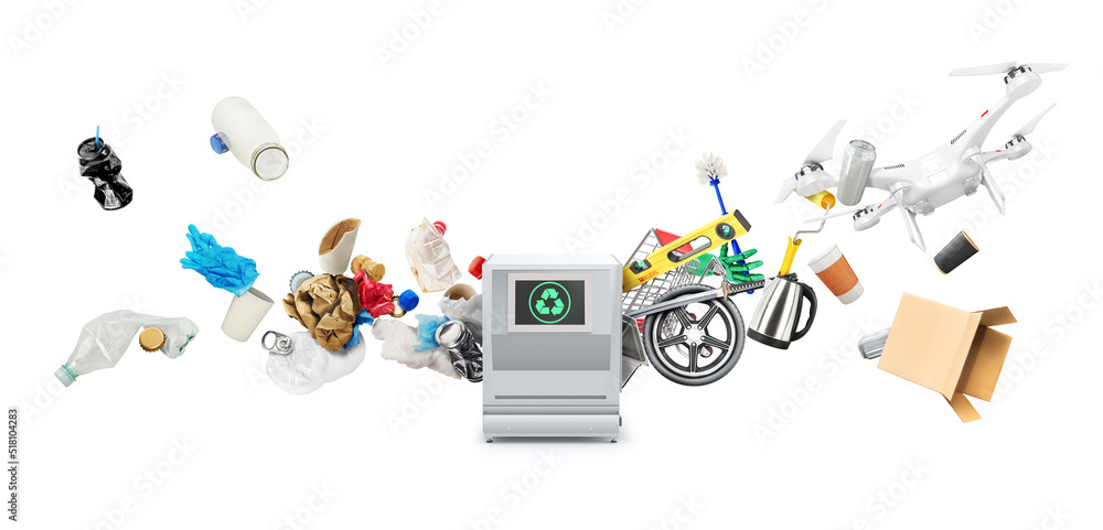 Recyclable concept. Garbage and waste are recycled into usual products. Eco concept.