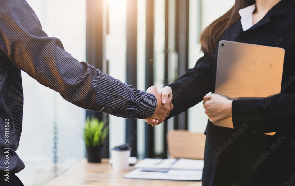 Handshake. Businessman shaking hands with coworker and agreeing business partnership.