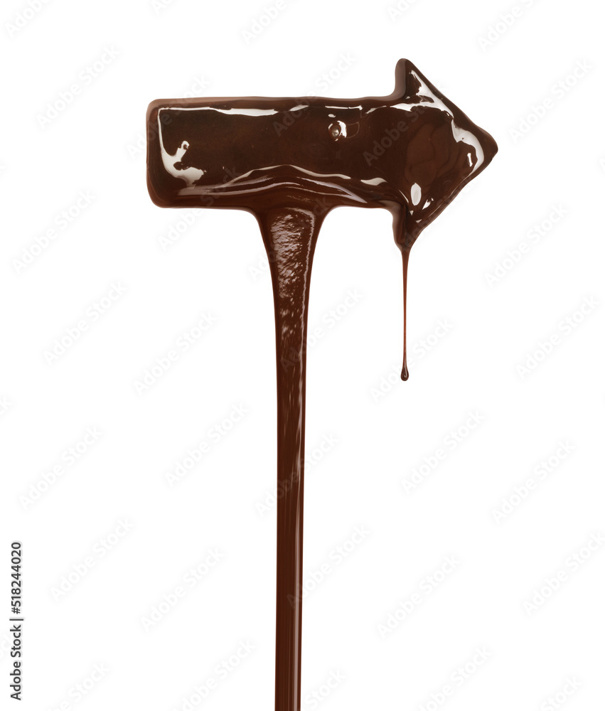 Arrow with dripping drops is made of chocolate on a white background