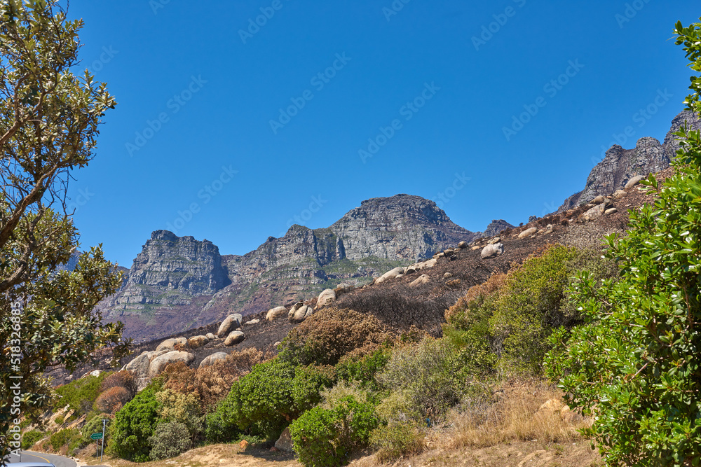 开普敦桌山十二使徒，蓝天背景，复制空间。博蒂