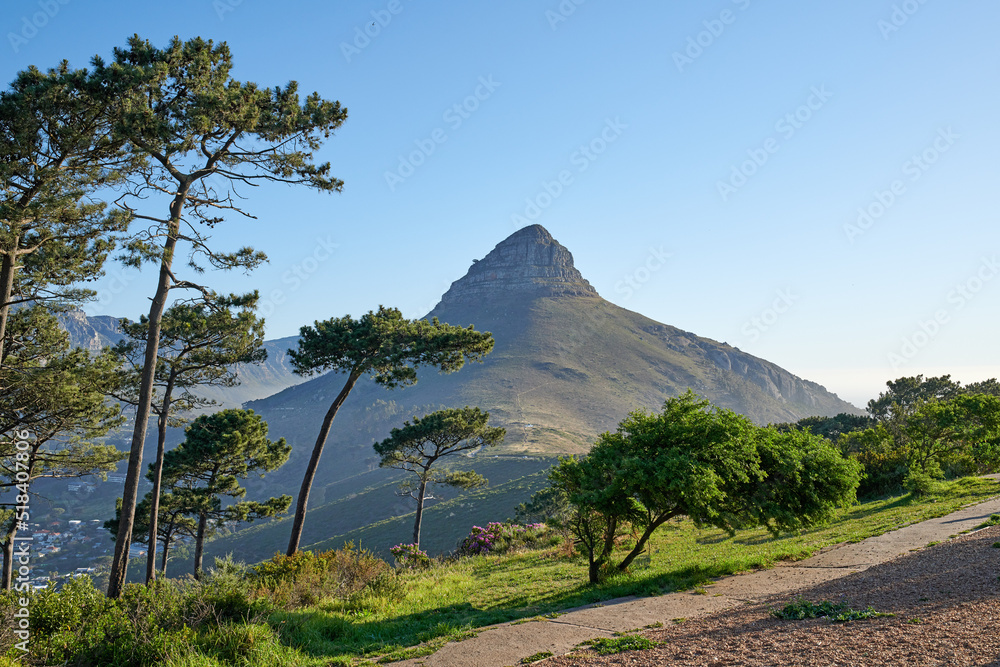 在晴朗的蓝天背景下，狮子头山被绿树环绕的美丽景色