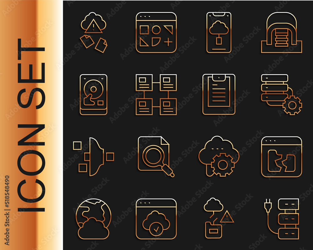 Set line Server, Broken file, and gear, Cloud technology data transfer, Hierarchy organogram chart, 