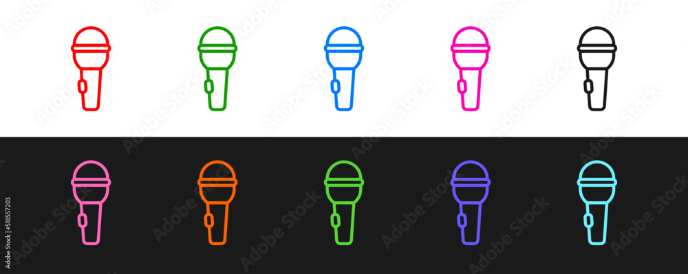 Set line Microphone icon isolated on black and white background. On air radio mic microphone. Speake