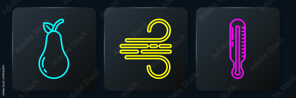 Set line Pear, Meteorology thermometer and Wind. Black square button. Vector